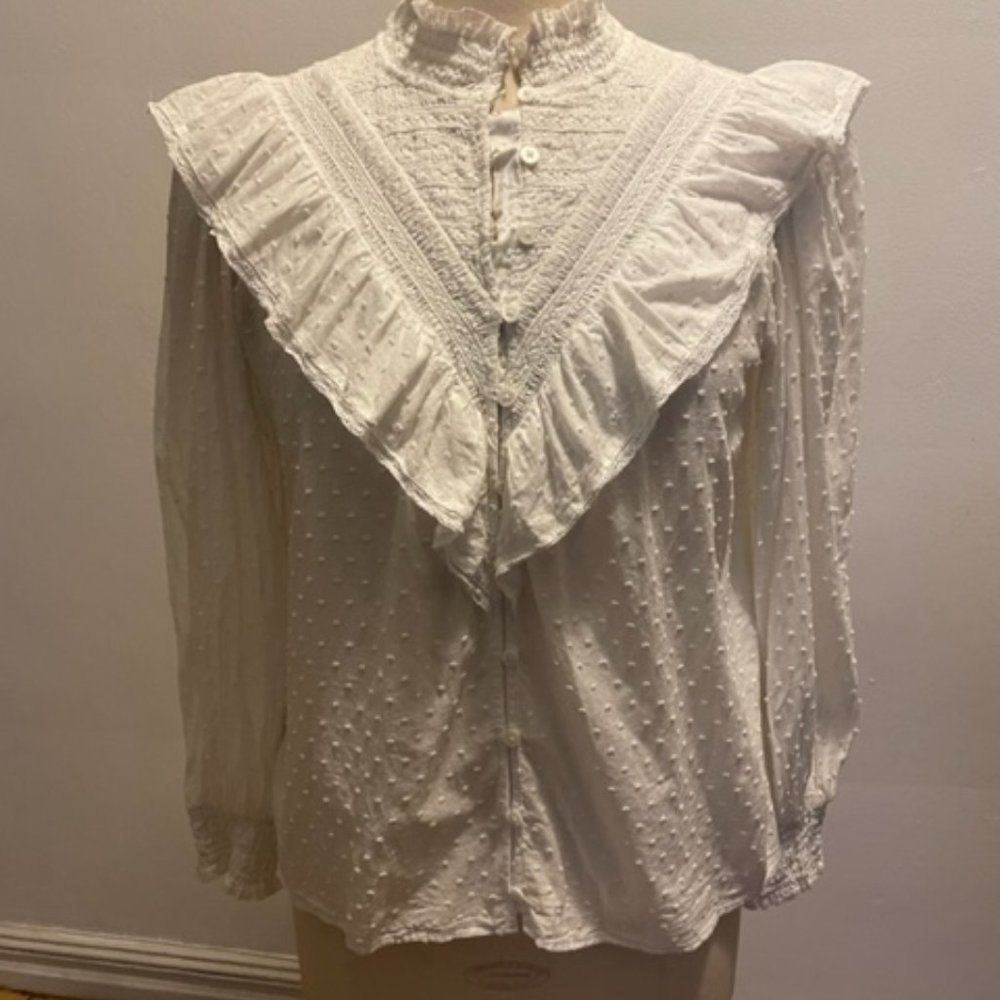 Sezane (Paris) "Marty", romantic high neck blouse with ruffle in off white